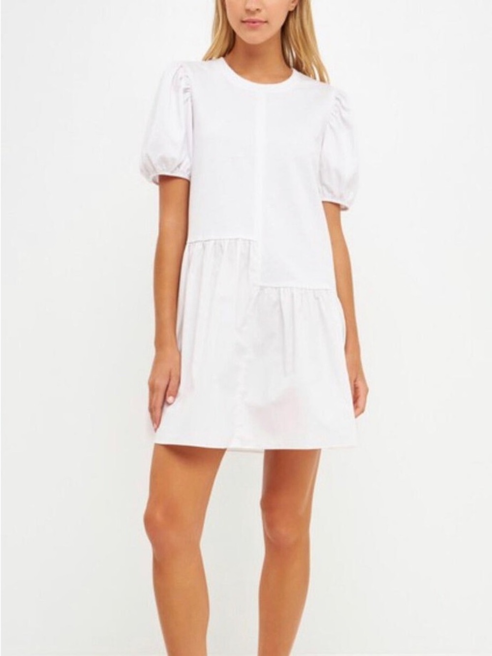English Factory White Puff Sleeve Tiered Mini Dress - Picture 2 of 10